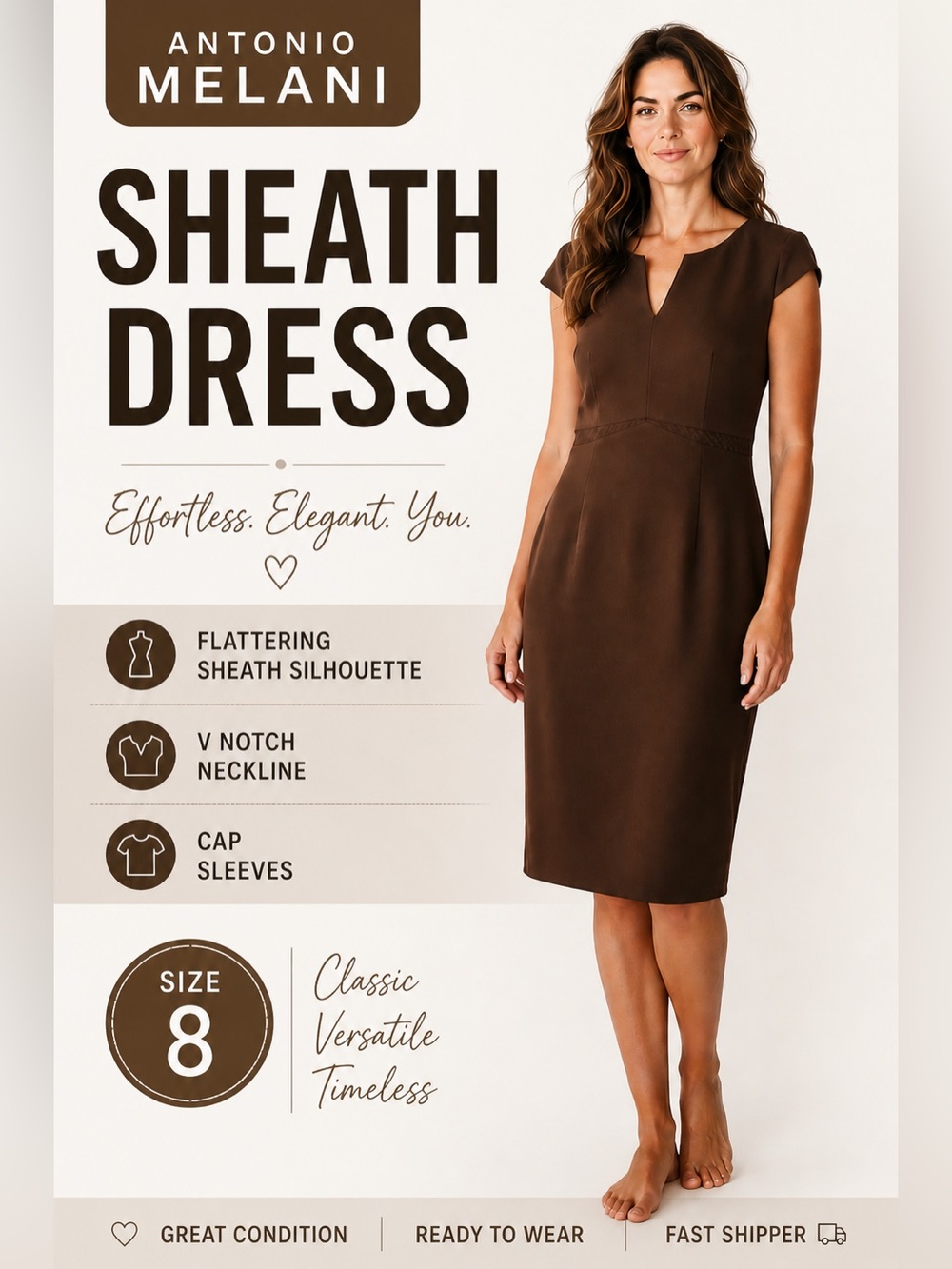 Antonio Melani Brown Sheath Dress Size 8 Cap Sleeve V Neck Career